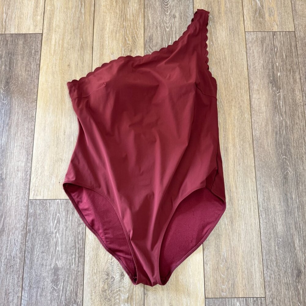 H&M Swimsuit One Piece Plus 18 One Shoulder Maroon Red Scalloped Edge Padded